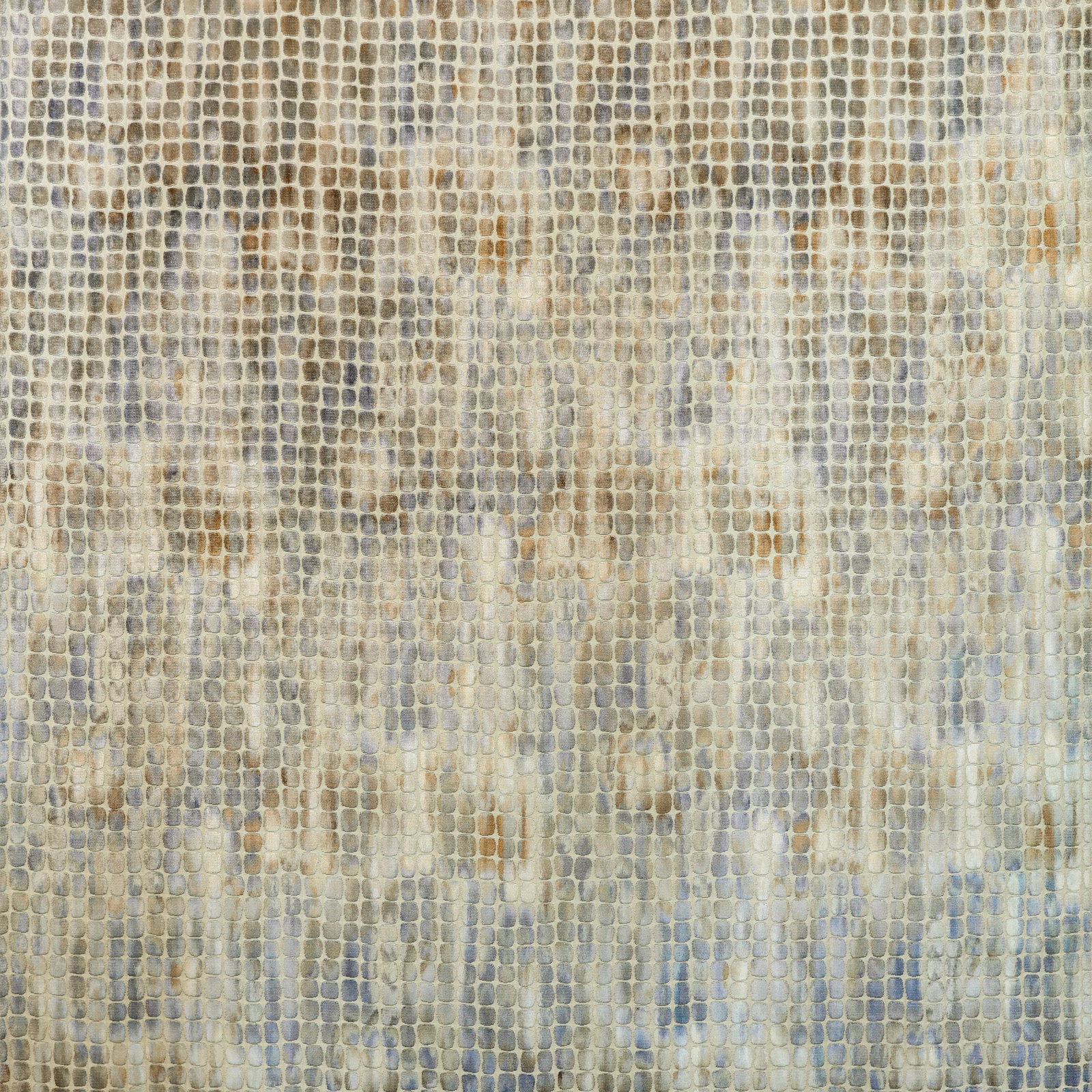 Buff beige woven grid with blue-grey shadows and ochre flecks