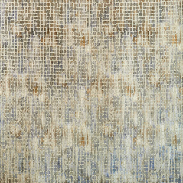 Buff beige woven grid with blue-grey shadows and ochre flecks