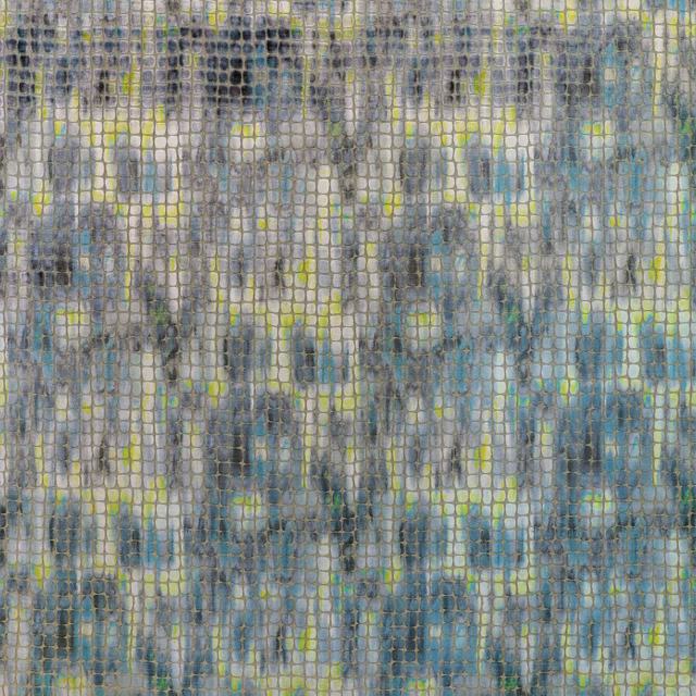 Cerulean blue and grey grid weave with lime-green flecks