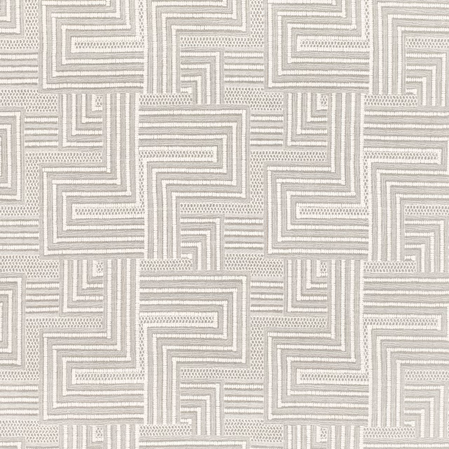 Pale greige and ivory woven fabric with interlocking maze bands and dotted texture