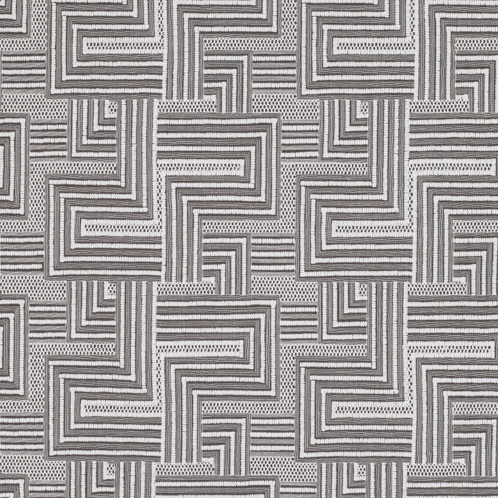 Cool grey Macrame fabric with ivory maze lines and charcoal textured geometric details