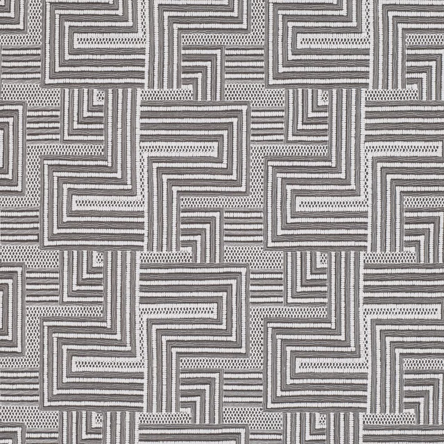 Cool grey Macrame fabric with ivory maze lines and charcoal textured geometric details