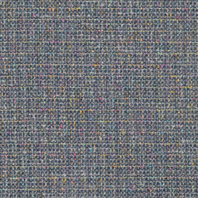 Close-up of blue-grey woven fabric with pink, ochre and cream flecks