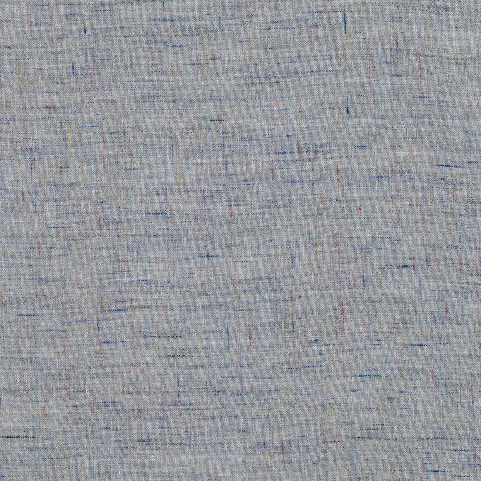 Pale blue-grey crosshatched textile with fine slubs and scattered blue and blush threads