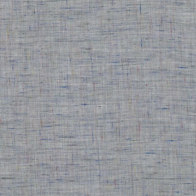 Pale blue-grey crosshatched textile with fine slubs and scattered blue and blush threads