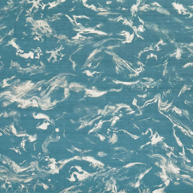 Cool cerulean wallpaper with ivory marbled swirls and fine horizontal striations