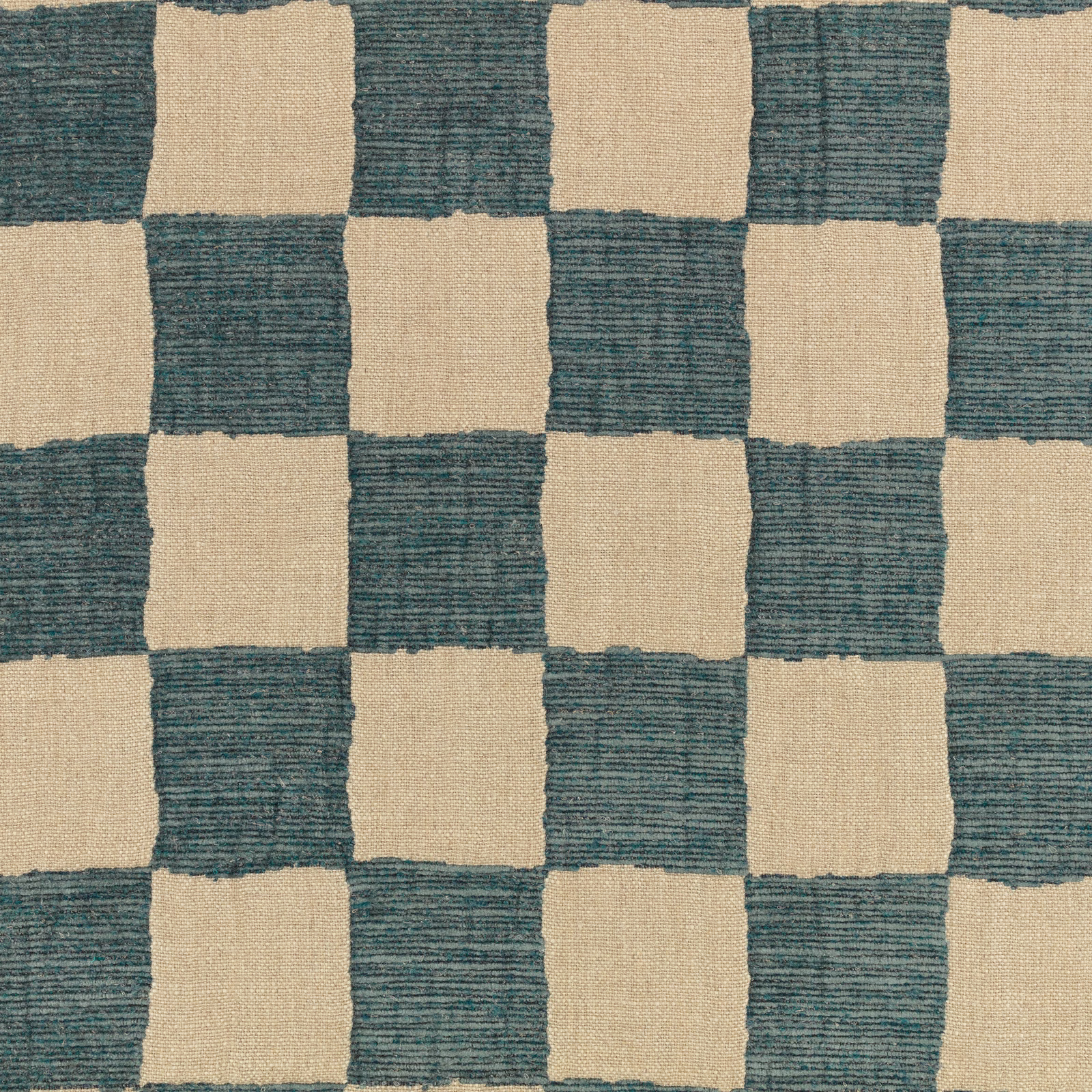Ocean teal and natural checks with a visibly ridged, softly irregular woven texture