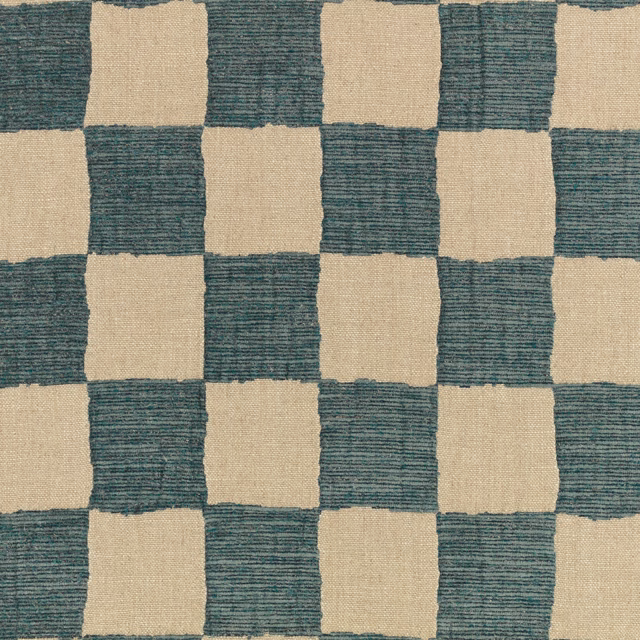 Ocean teal and natural checks with a visibly ridged, softly irregular woven texture
