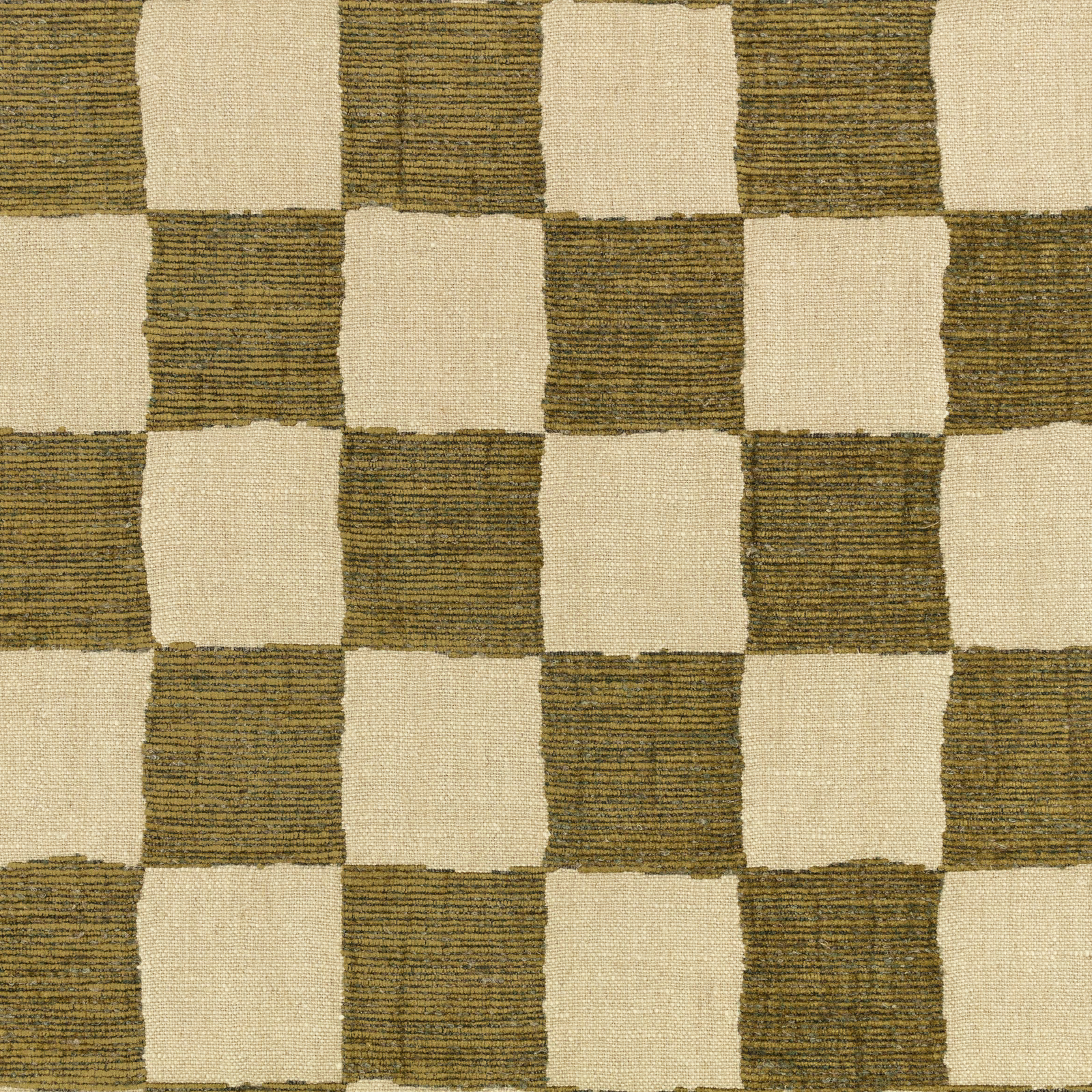 Muted olive and cream oversized check with irregular blocks and ridged woven texture