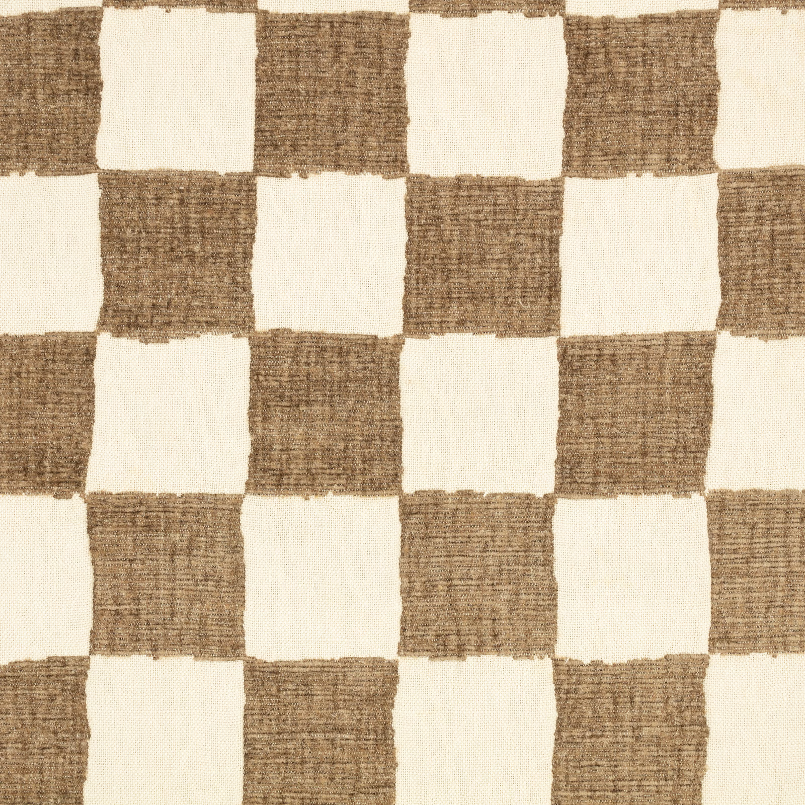 Warm tobacco and ivory irregular check with a visibly slubby woven texture