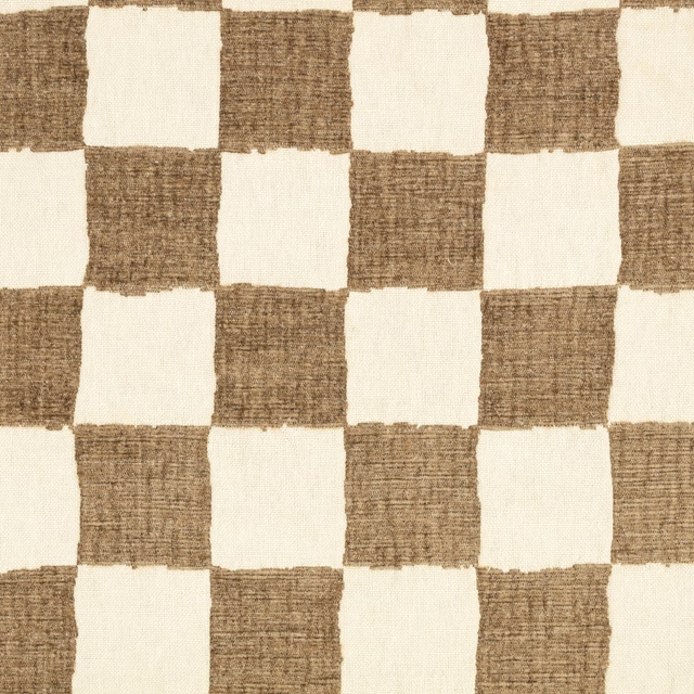 Warm tobacco and ivory irregular check with a visibly slubby woven texture