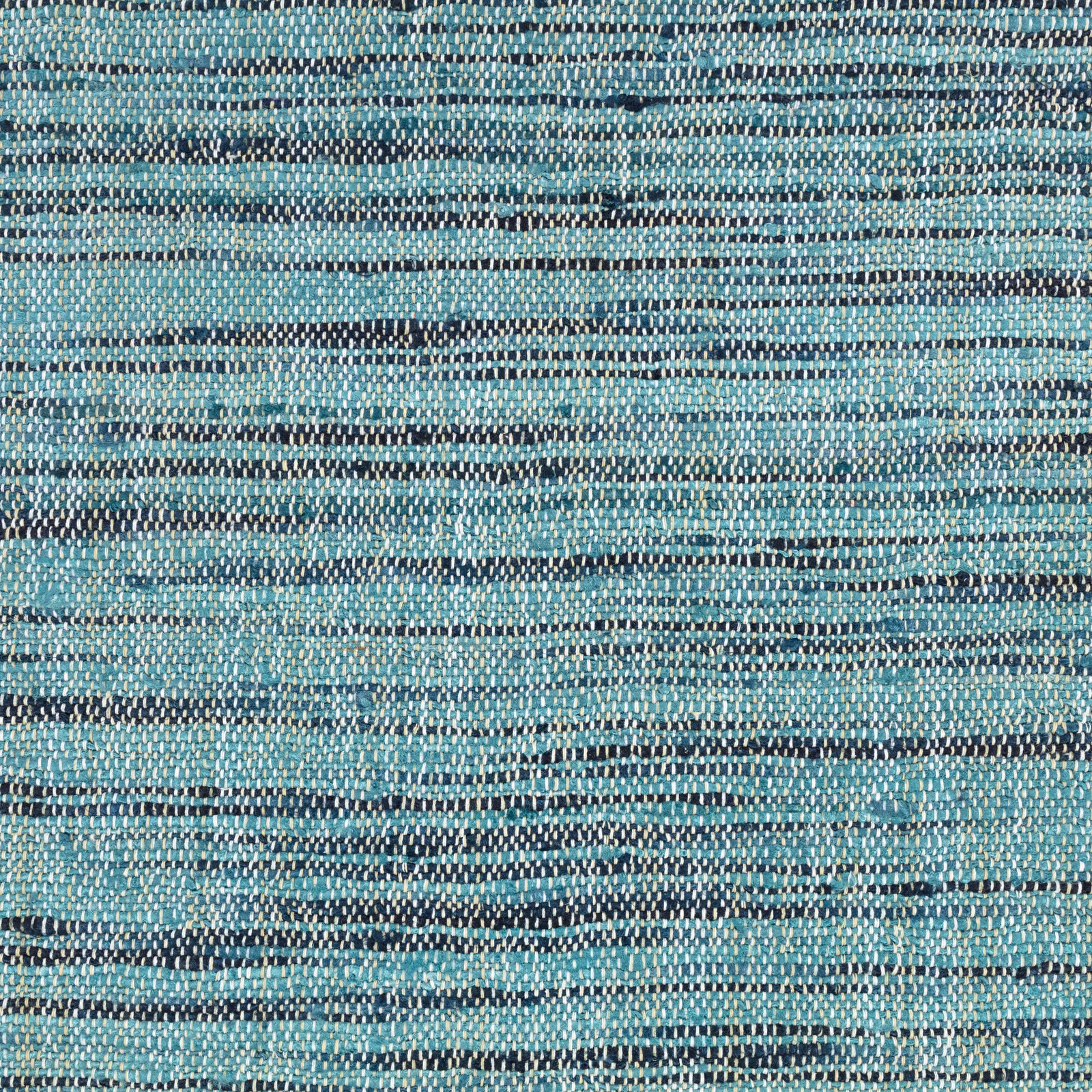 Turquoise and blue woven fabric with uneven charcoal horizontal bands and tactile texture