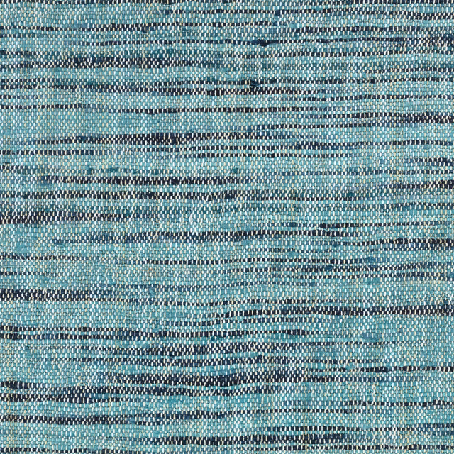 Turquoise and blue woven fabric with uneven charcoal horizontal bands and tactile texture