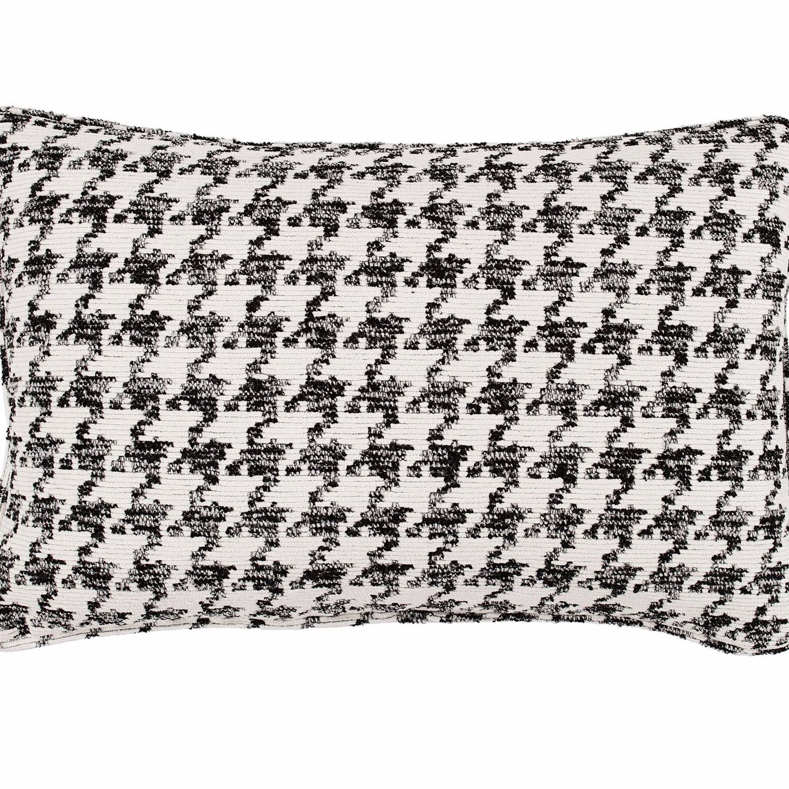 Black and white woven cushion with a small irregular houndstooth pattern and tactile texture