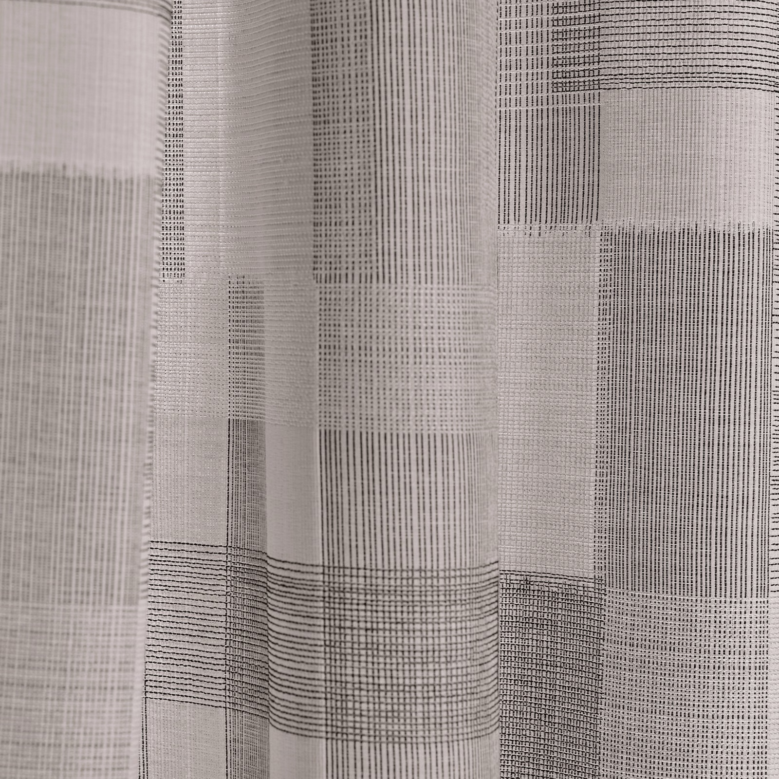 Cool grey textile with charcoal rectangular grid blocks and fine woven lines