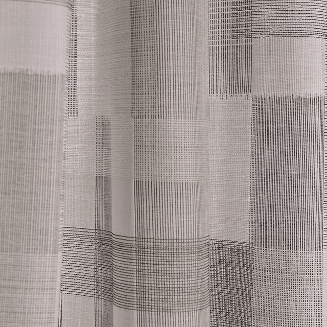 Cool grey textile with charcoal rectangular grid blocks and fine woven lines