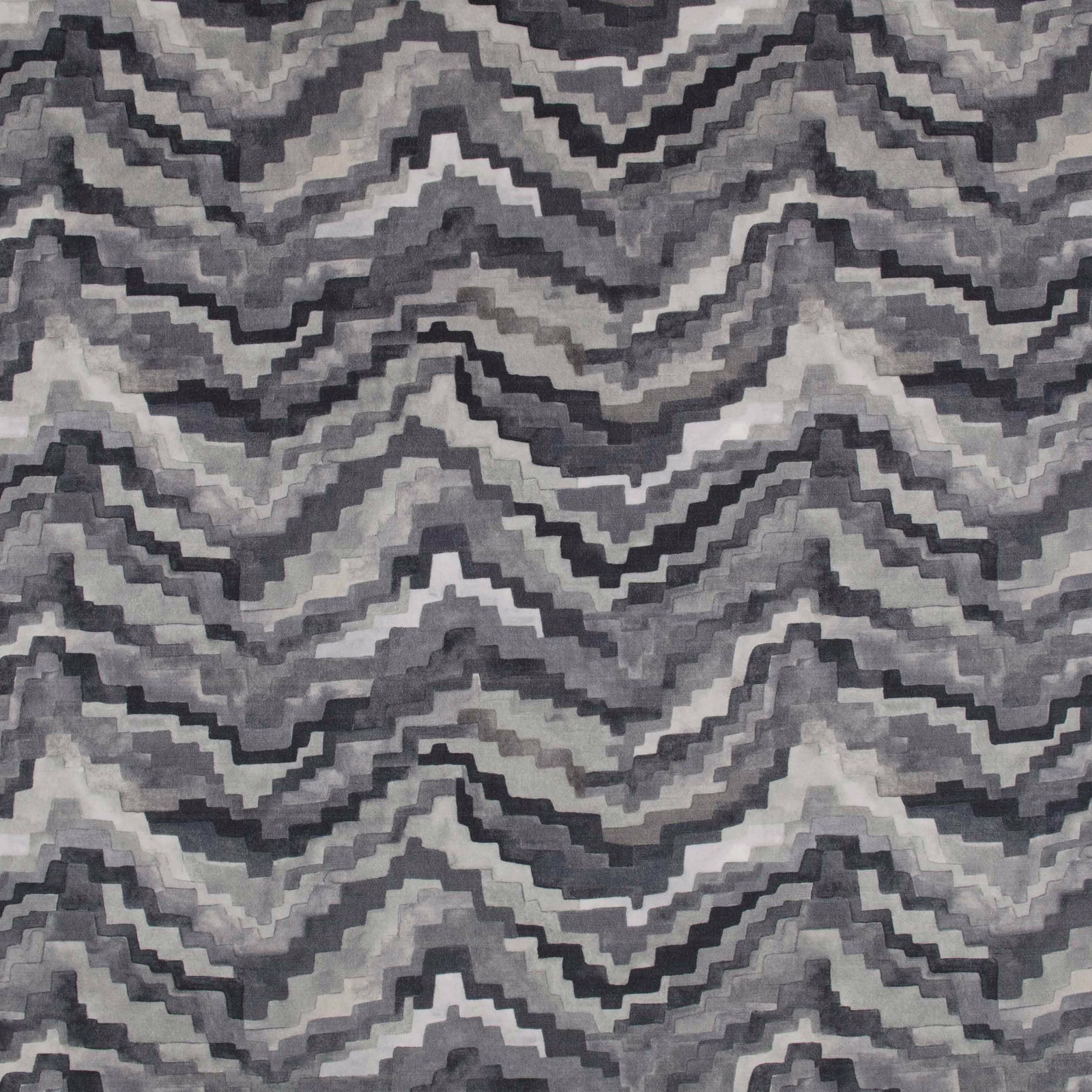 Mineral grey textile with layered charcoal zigzag waves and mottled tonal texture
