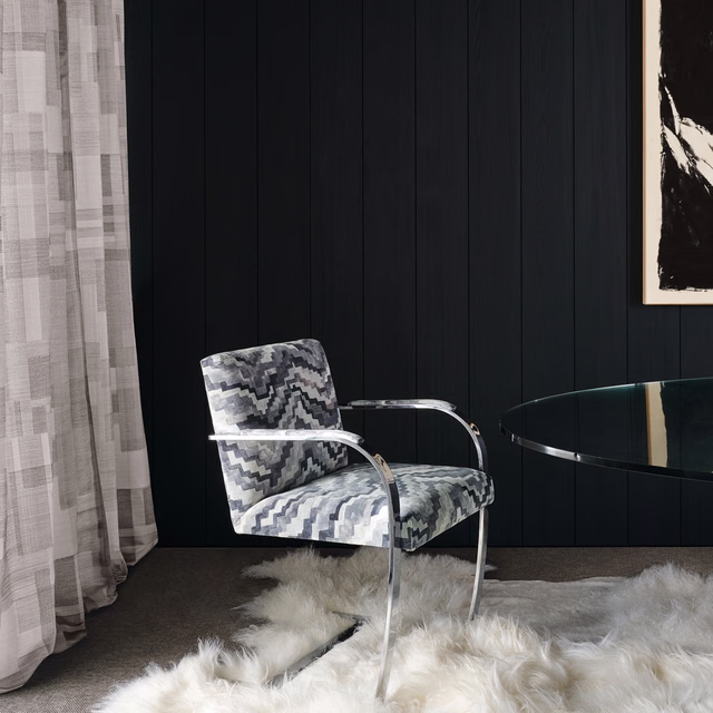 Mineral grey and ivory zigzag upholstery fabric on a chrome-framed chair