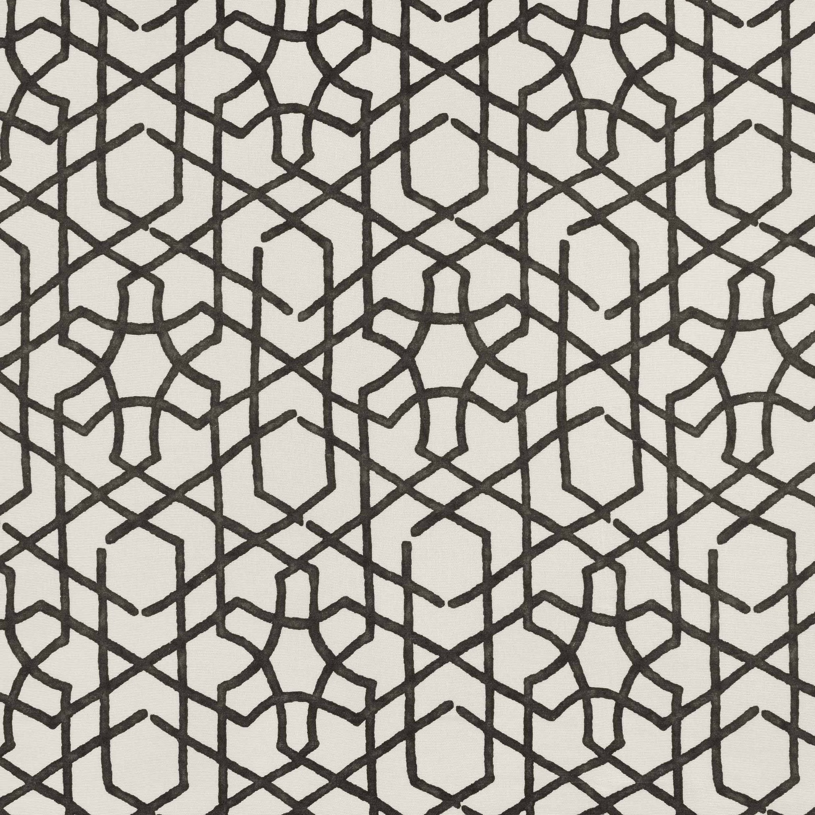 Ivory textile with charcoal interlocking lattice, arches and angular geometric lines