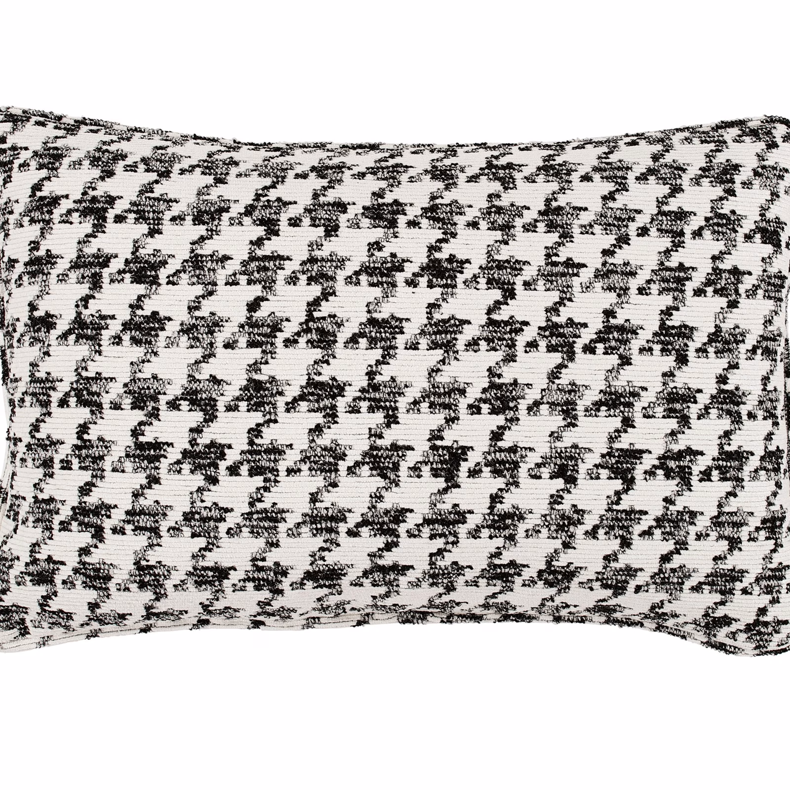 Black and ivory woven cushion with a small irregular houndstooth-like repeat