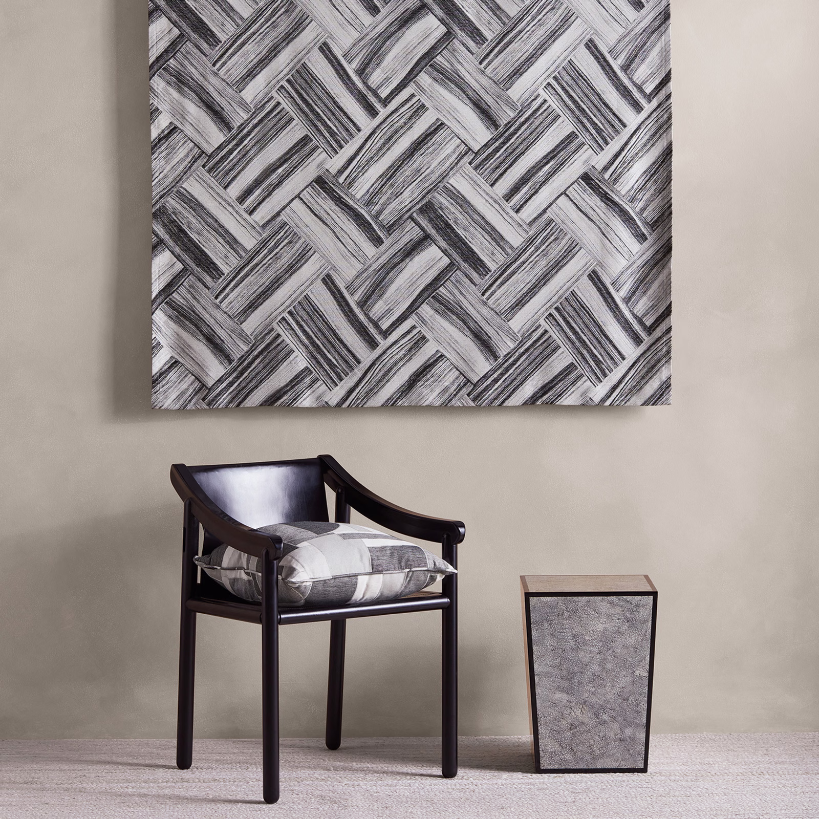 Cool graphite textile with interlaced charcoal and silver-grey linear bands