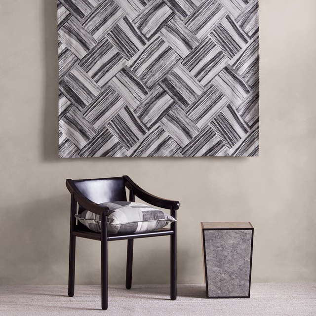 Cool graphite textile with interlaced charcoal and silver-grey linear bands