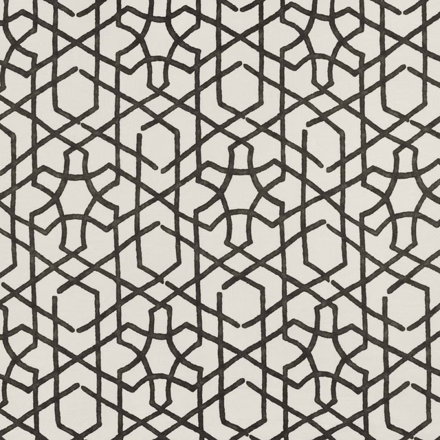 Charcoal interlocking geometric lines over a pale grey ground in Phibblestown Carbon