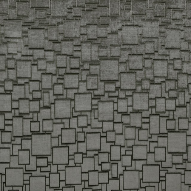 Cool mercury grey fabric with layered charcoal-outlined squares and mottled texture