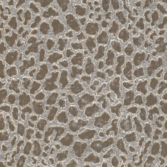 Taupe-grey ocelot spots with raised, nubby woven texture on a pale ground