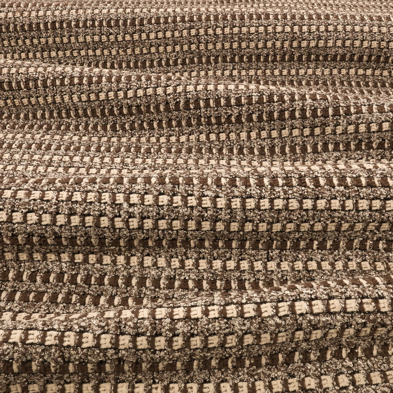 Chunky mocha brown upholstery weave with cream flecks in irregular horizontal rows