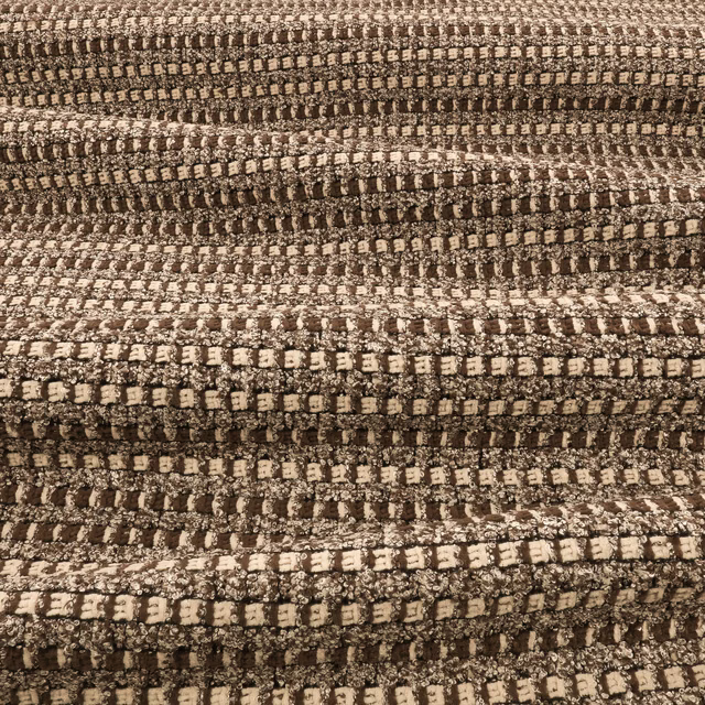 Chunky mocha brown upholstery weave with cream flecks in irregular horizontal rows