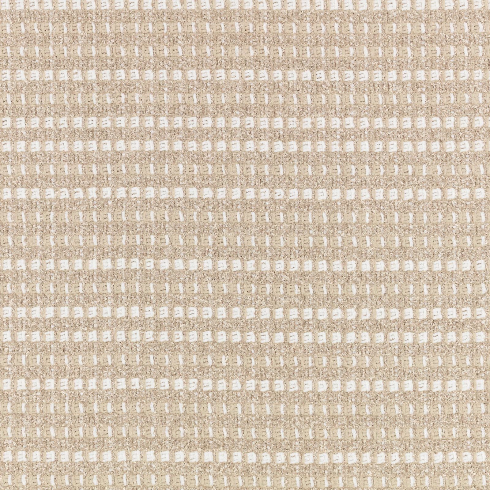 Close-up of warm putty-beige weave with broken cream dash rows and slub texture