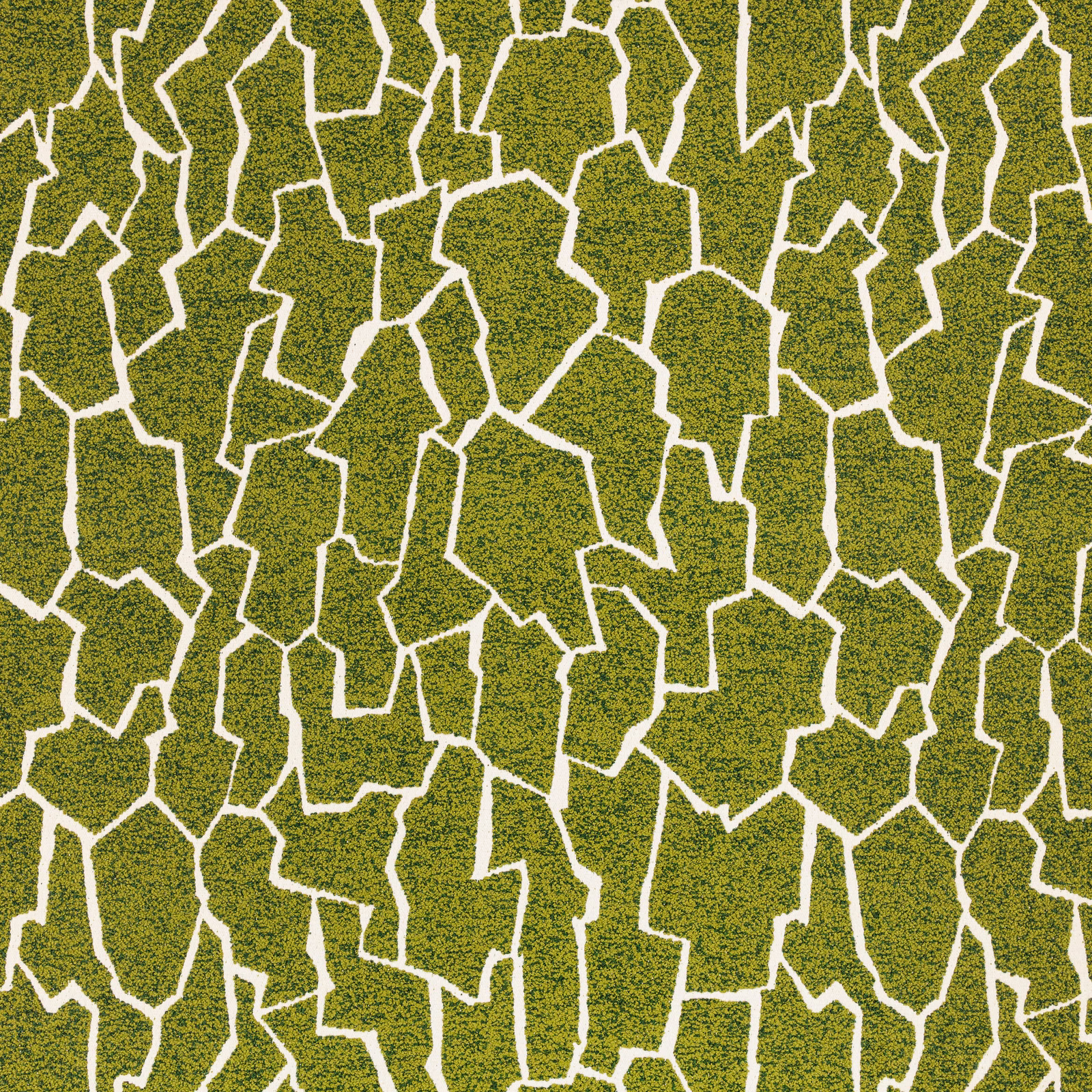 Kiwi-green textured fabric with irregular ivory crackle lines in a geometric pattern