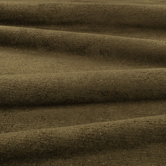 Muted tarragon olive plush textile with dark horizontal folds and mottled pile