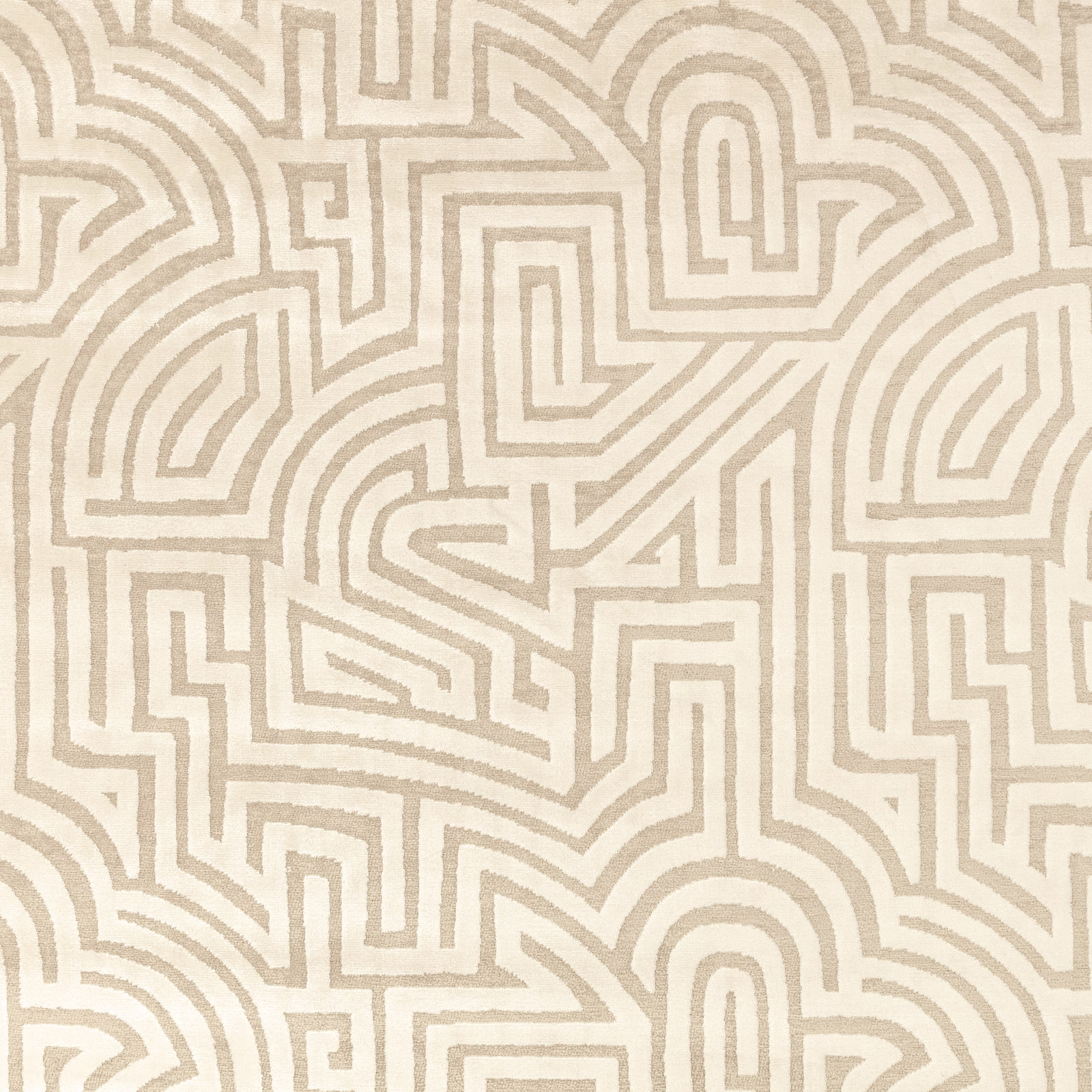 Warm ivory textile with taupe maze-like geometric lines and visible woven grain
