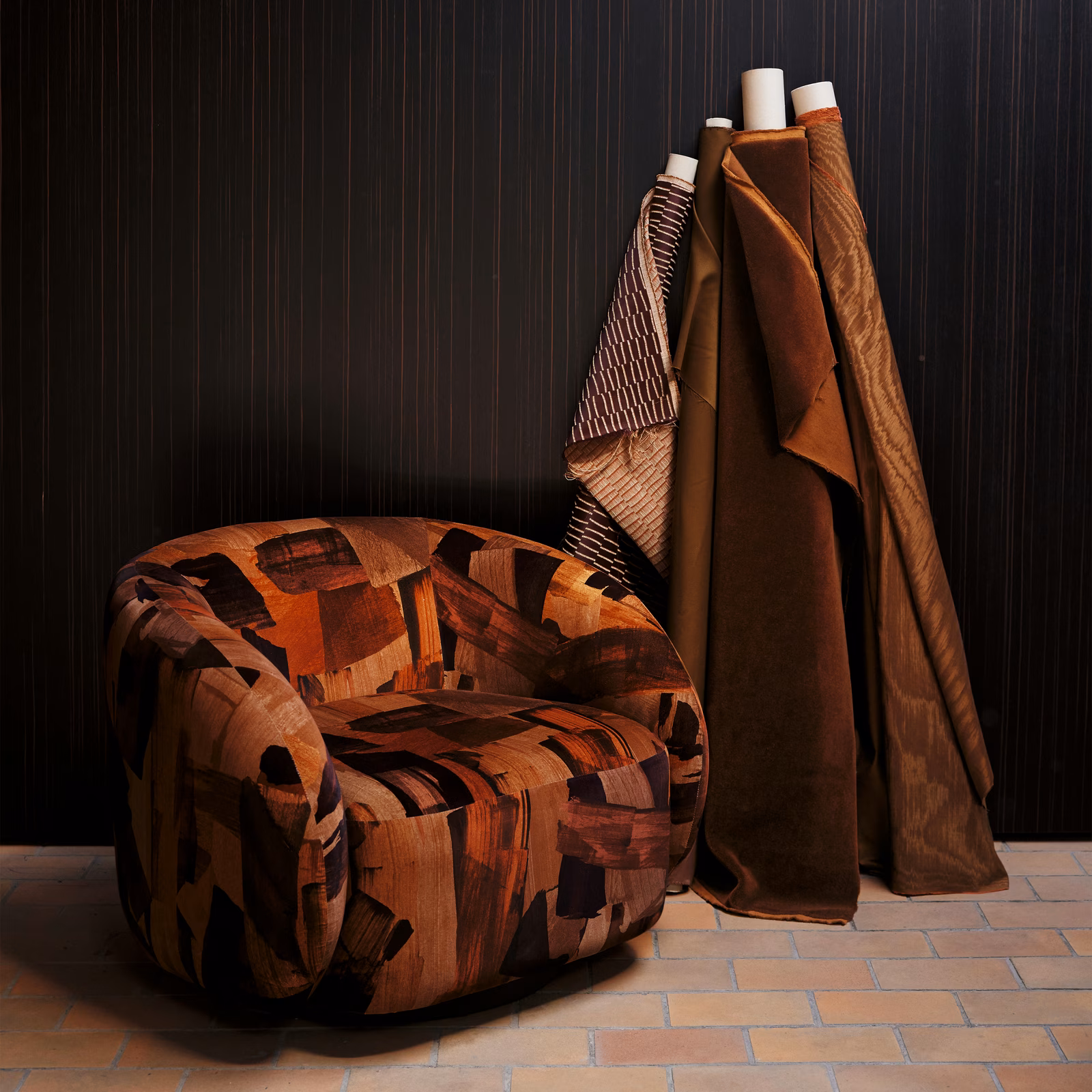 Cognac and rust abstract patchwork upholstery with dark umber geometric blocks