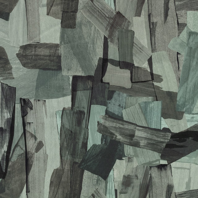 Muted sage-green abstract fabric with charcoal brushstrokes and layered rectangular forms