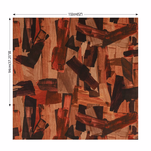 Rust, terracotta and black abstract brushstrokes across a textured tan woven ground