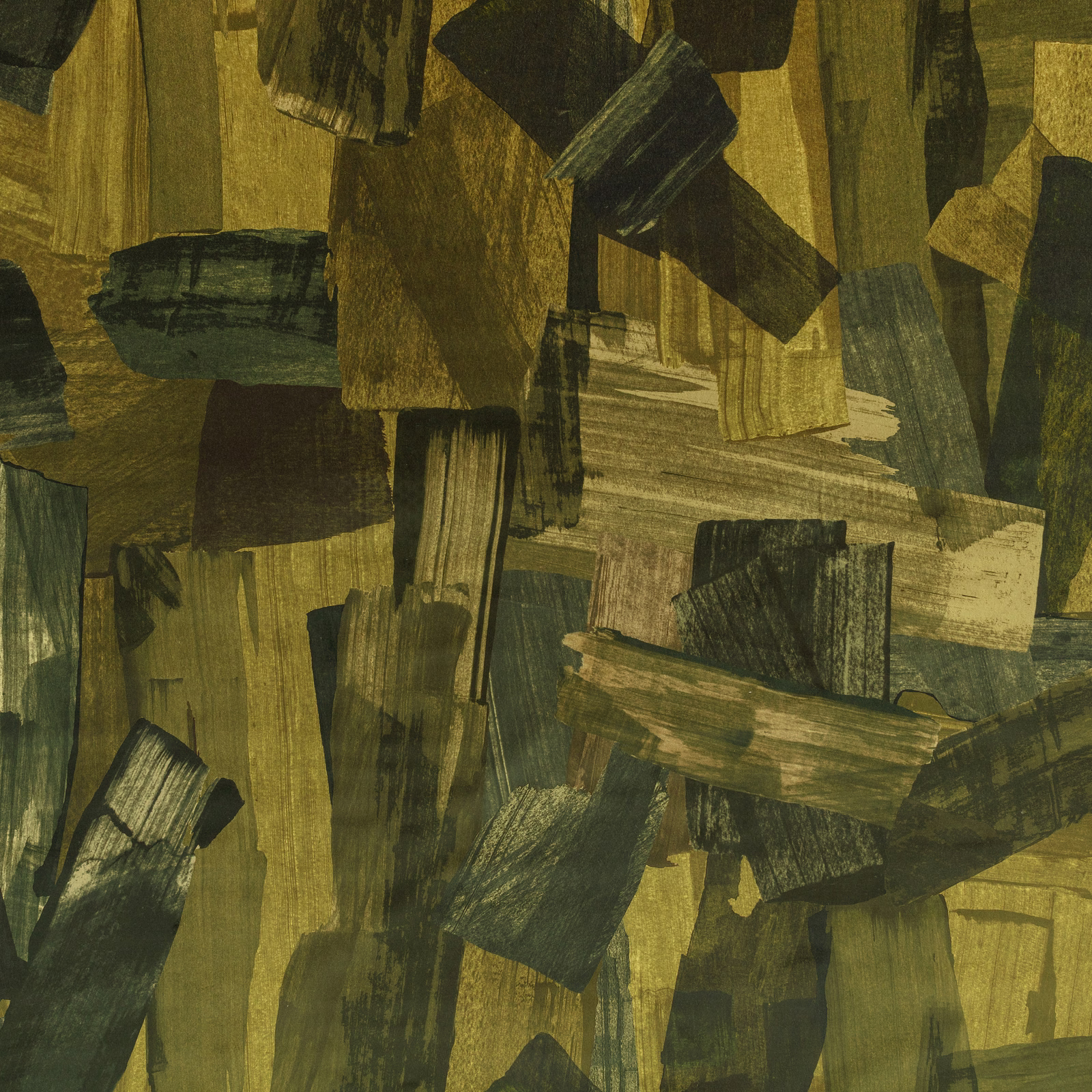 Moss olive abstract brush blocks with charcoal, ochre and textured woven surface