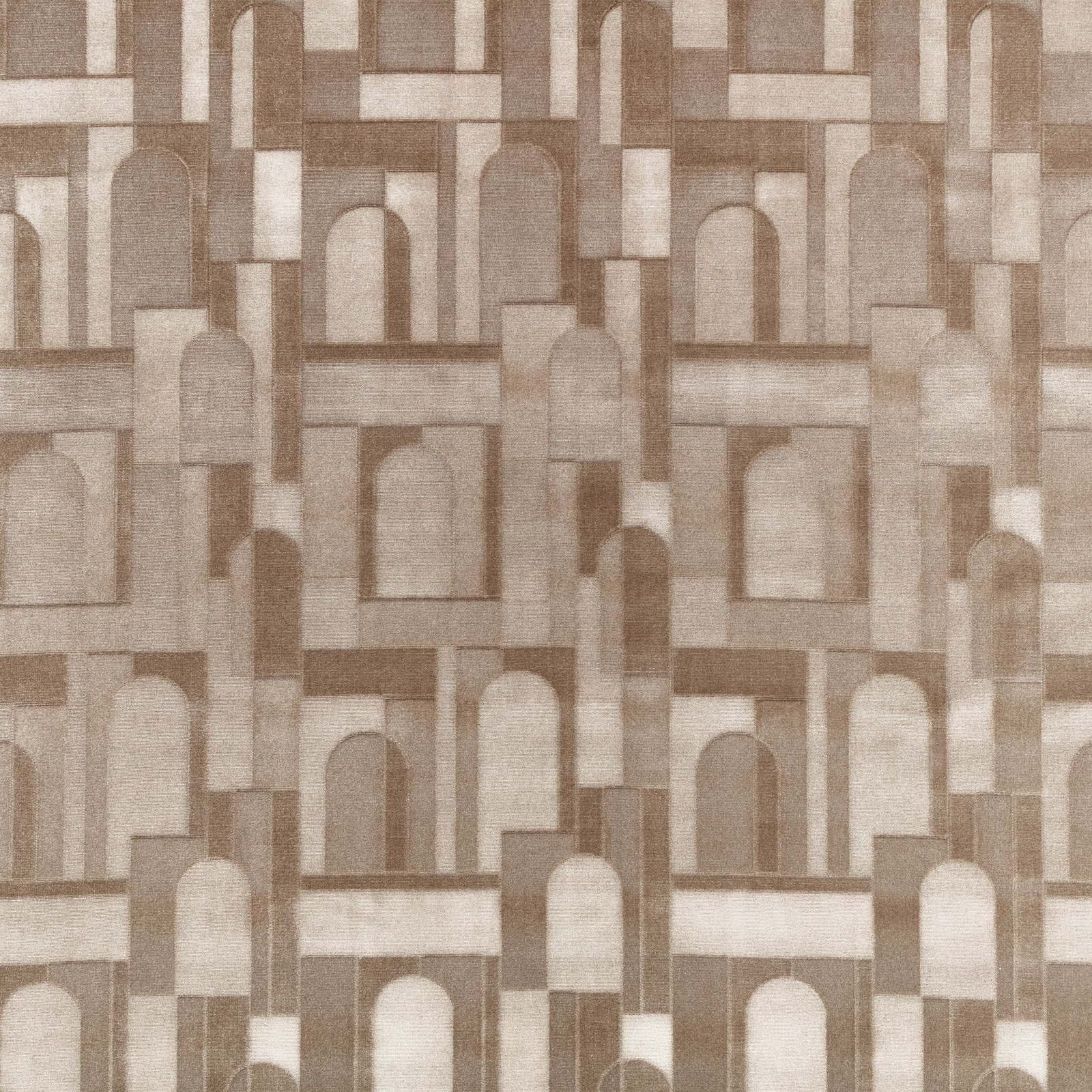 Warm taupe textile with ivory arched panels and softly mottled geometric blocks