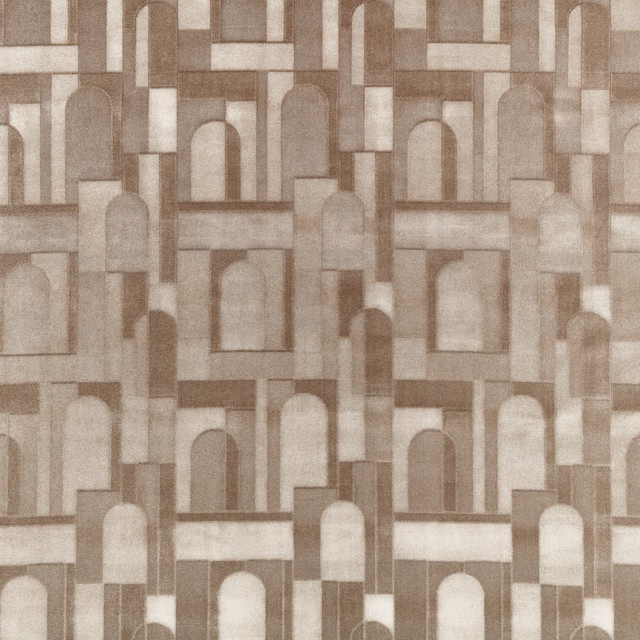 Warm taupe textile with ivory arched panels and softly mottled geometric blocks