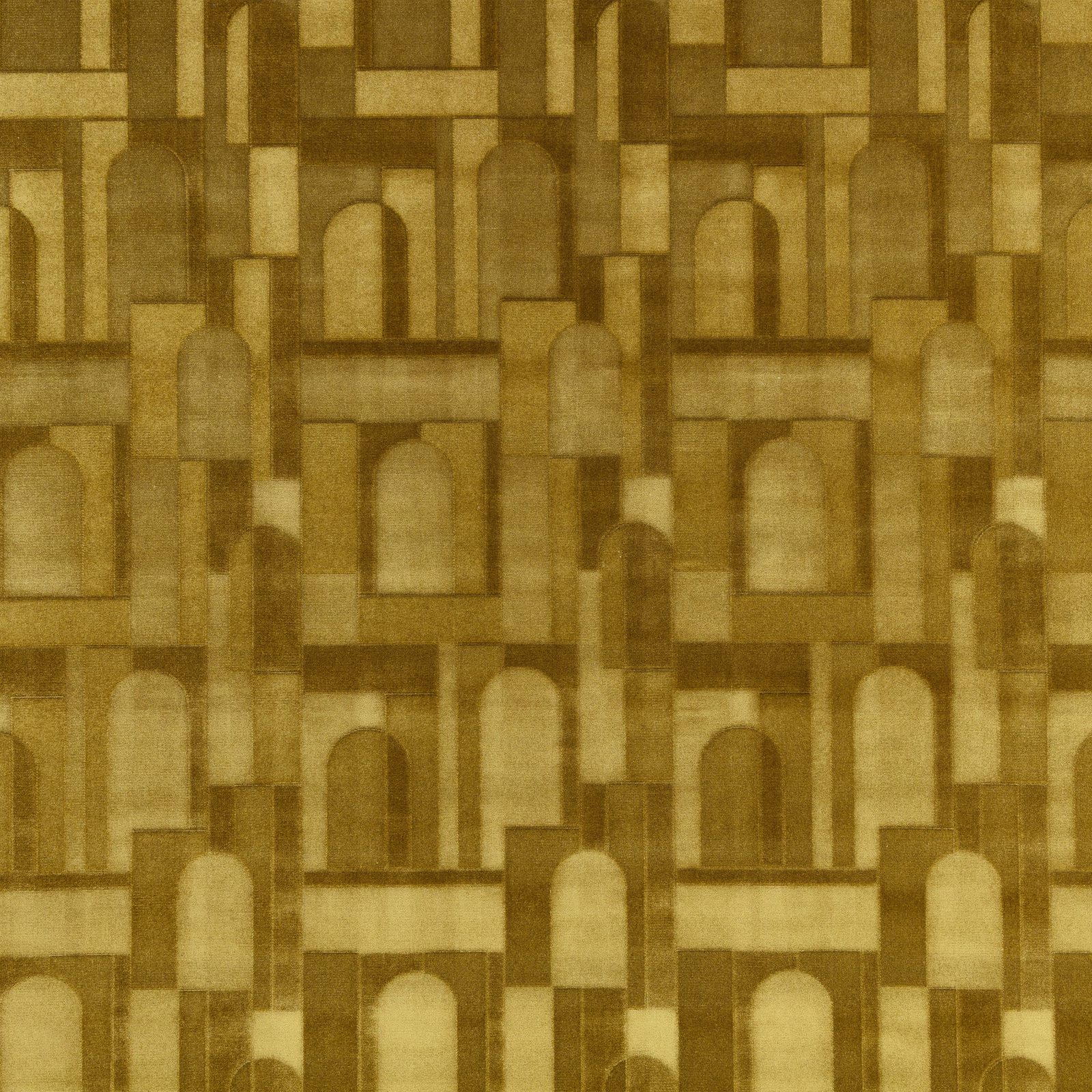 Warm kiwi olive textile showing repeating arches and geometric architectural frames