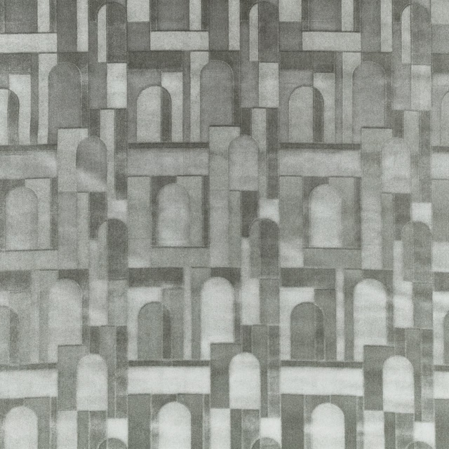 Muted seafoam-grey woven fabric with repeating arches and geometric architectural blocks