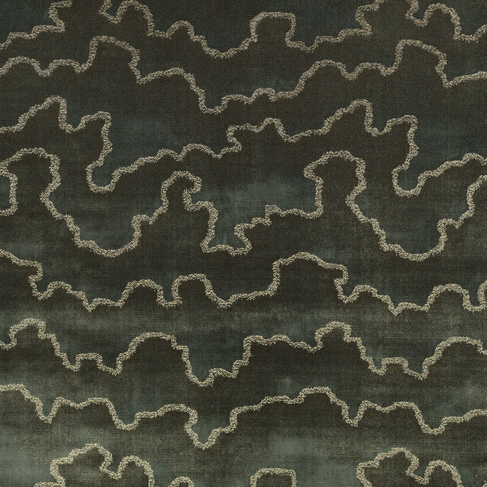 Dark moss-green weave with pale looping outlines and softly mottled texture