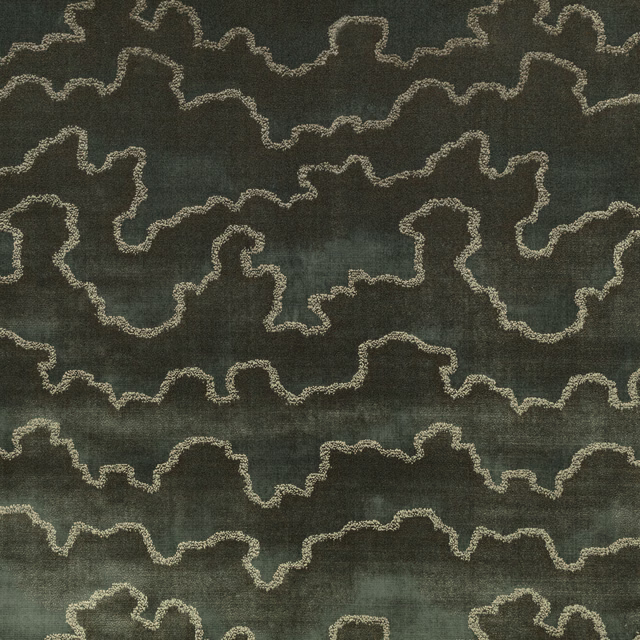 Dark moss-green weave with pale looping outlines and softly mottled texture