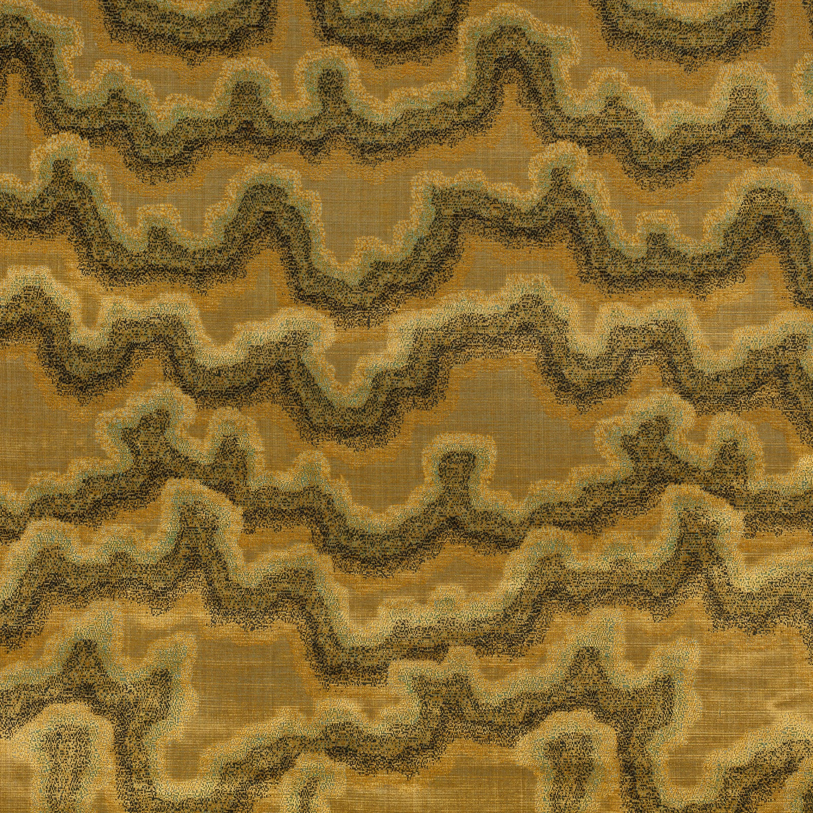 Ochre chartreuse woven swatch with olive and charcoal meandering bands
