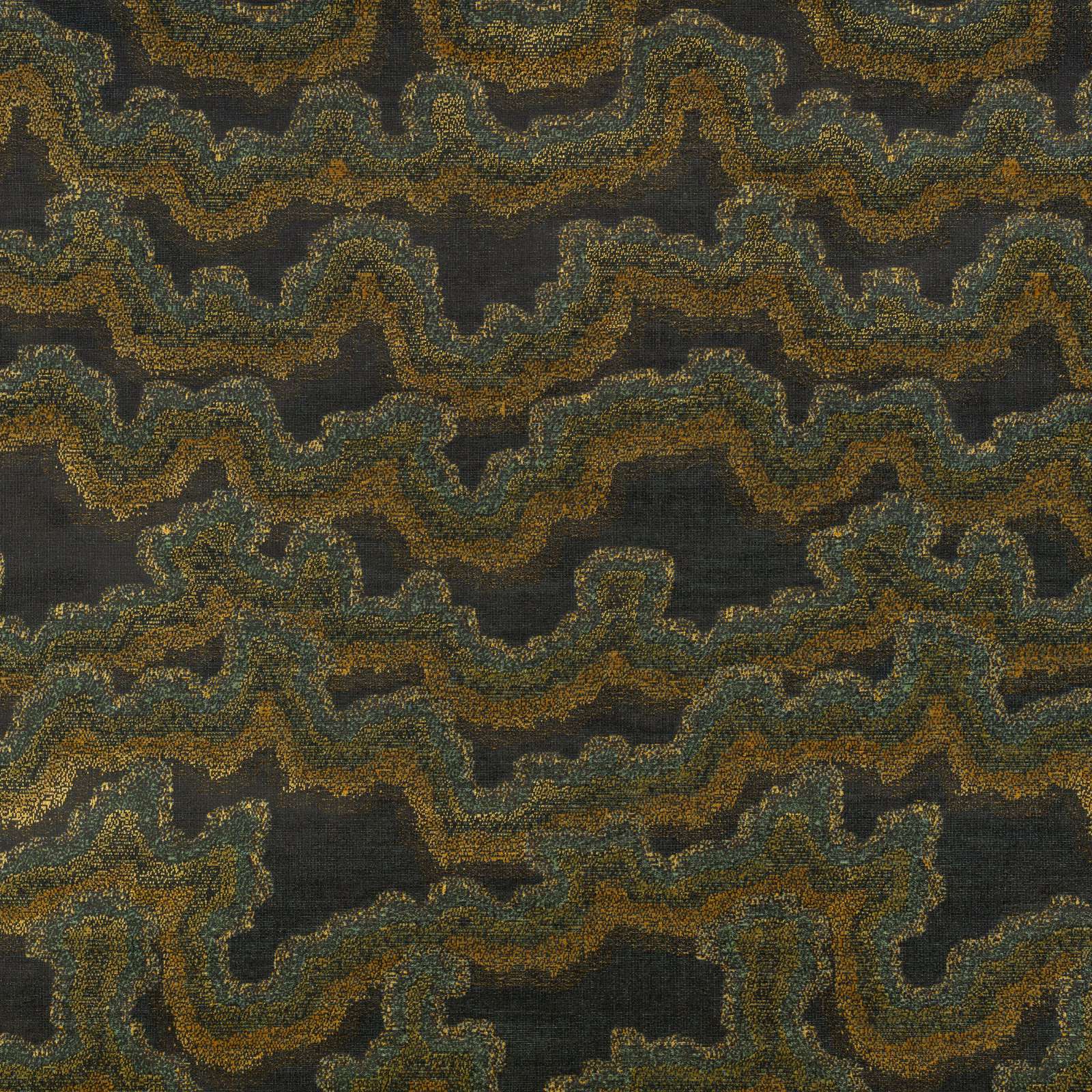 Charcoal woven fabric with ochre and muted teal meandering abstract bands