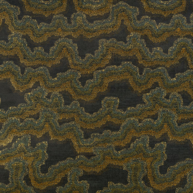 Charcoal woven fabric with ochre and muted teal meandering abstract bands