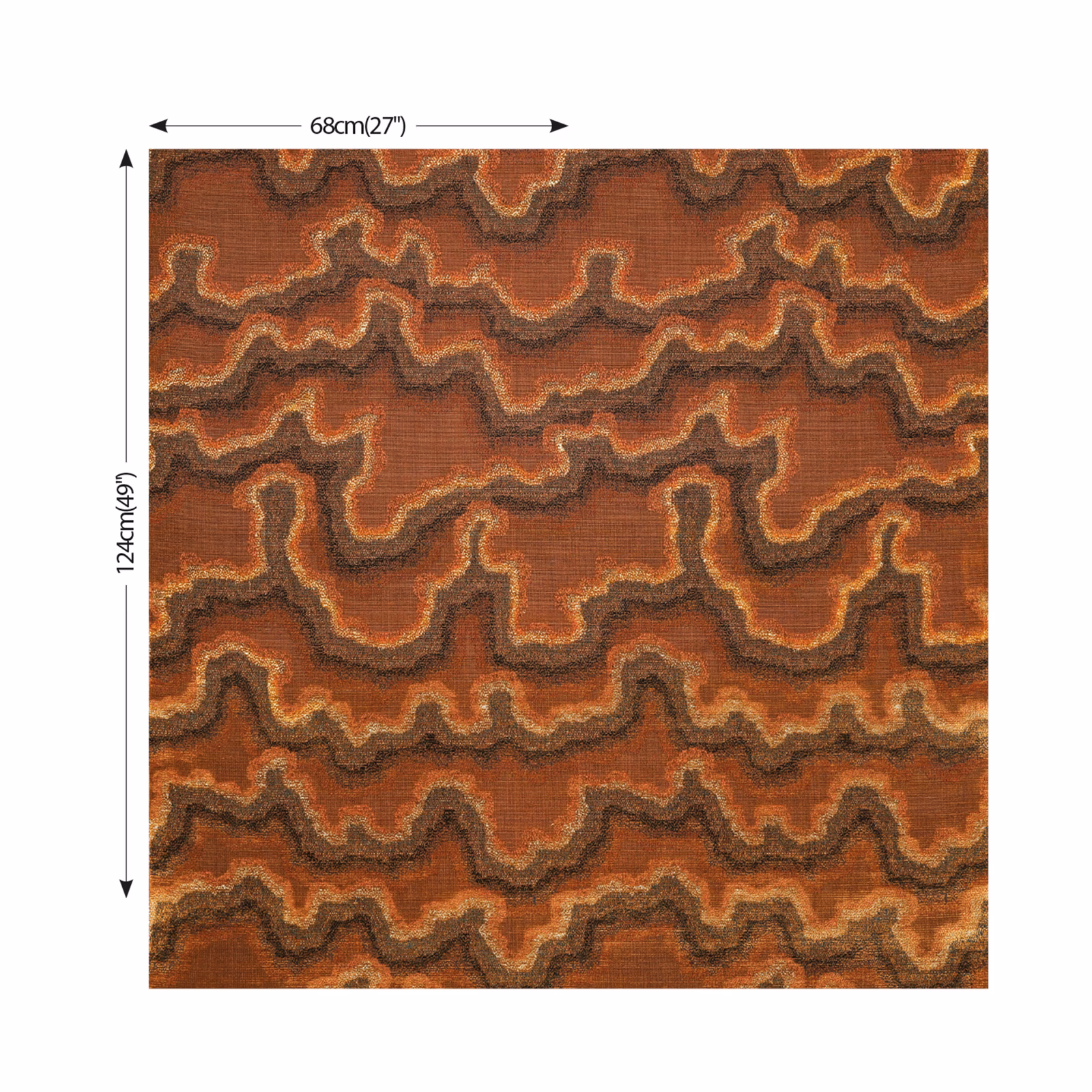 Rusted terracotta woven swatch with charcoal and ochre meandering bands