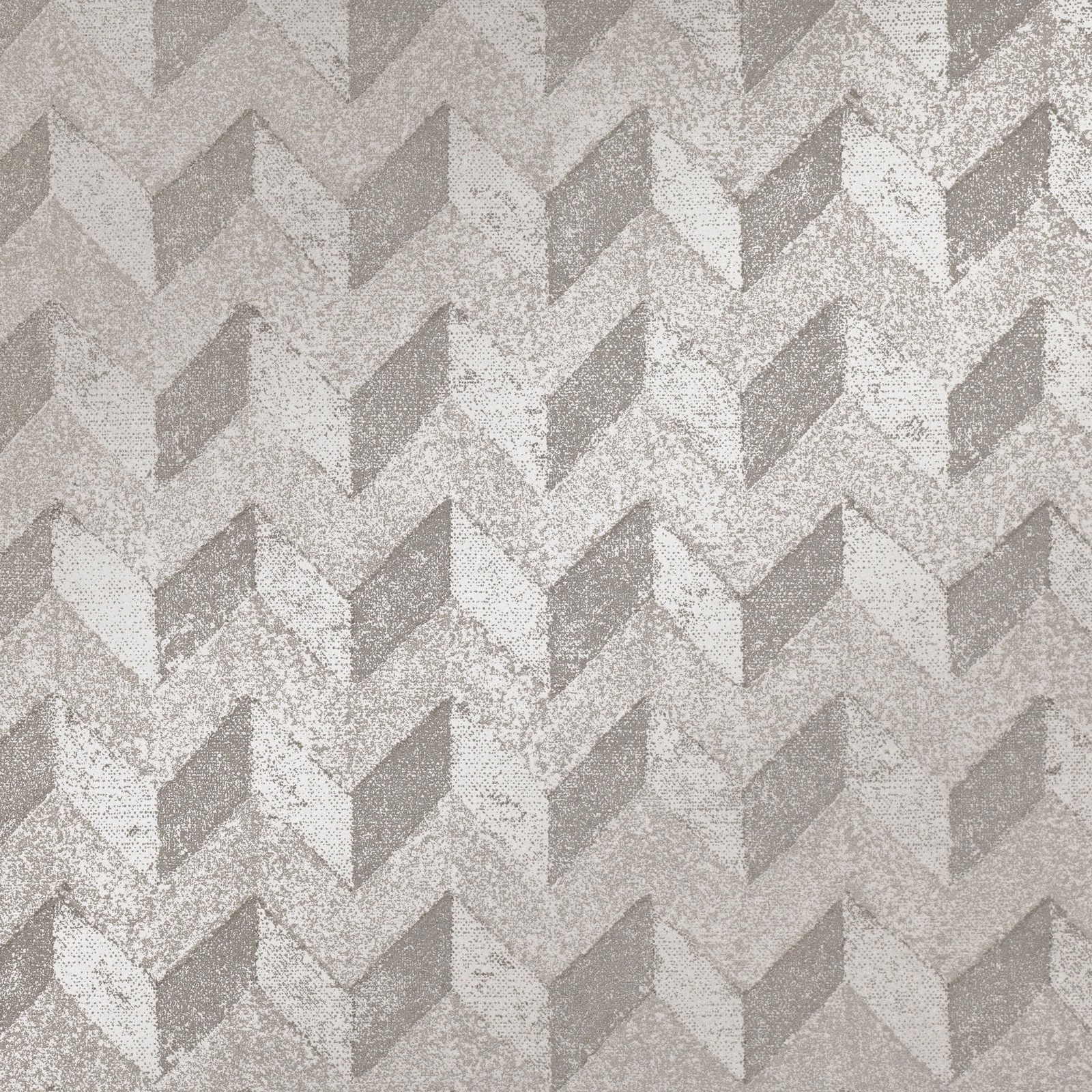 Pale linen-grey wallpaper with mottled white chevrons forming a faceted zigzag